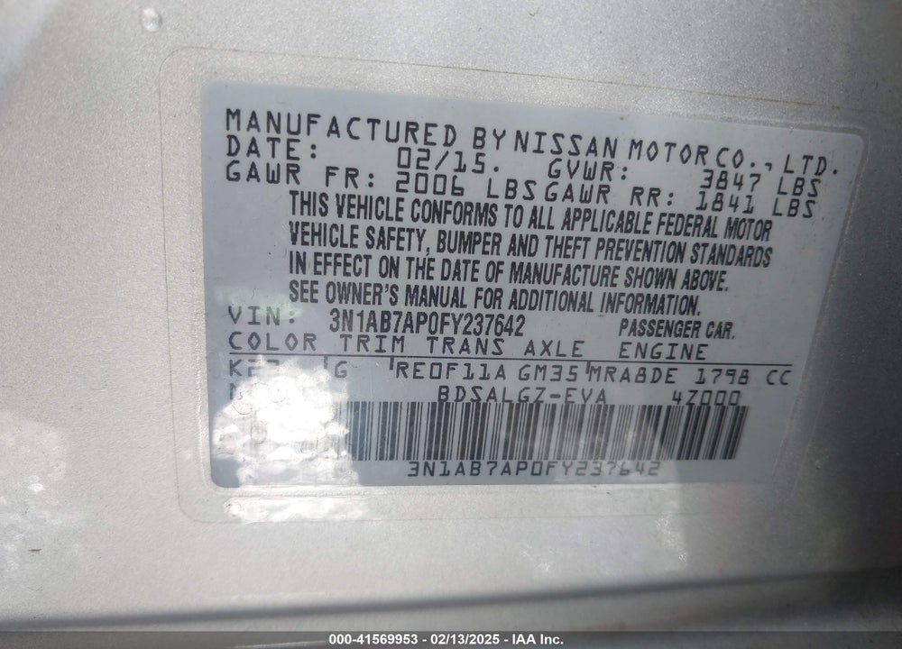 2015 NISSAN SENTRA VIN: 3N1AB7AP0FY237642