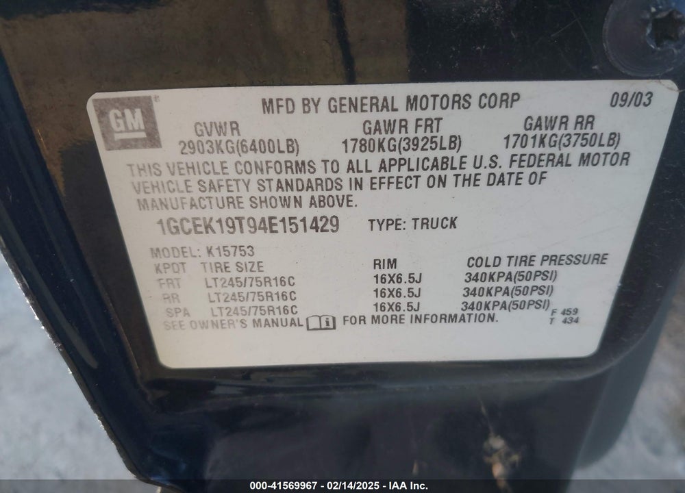 2004 CHEVROLET SILVERADO 1500 VIN: 1GCEK19T94E151429