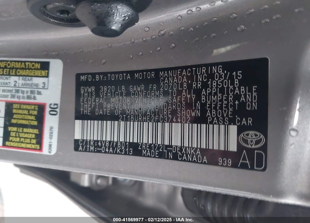 2015 TOYOTA COROLLA VIN: 2T1BURHE2FC374402