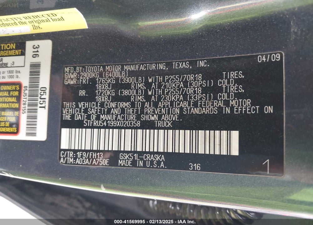2009 TOYOTA TUNDRA VIN: 5TFRU54199X020358