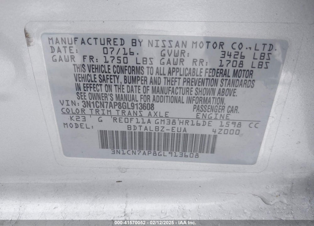 2016 NISSAN VERSA VIN: 3N1CN7AP8GL913608