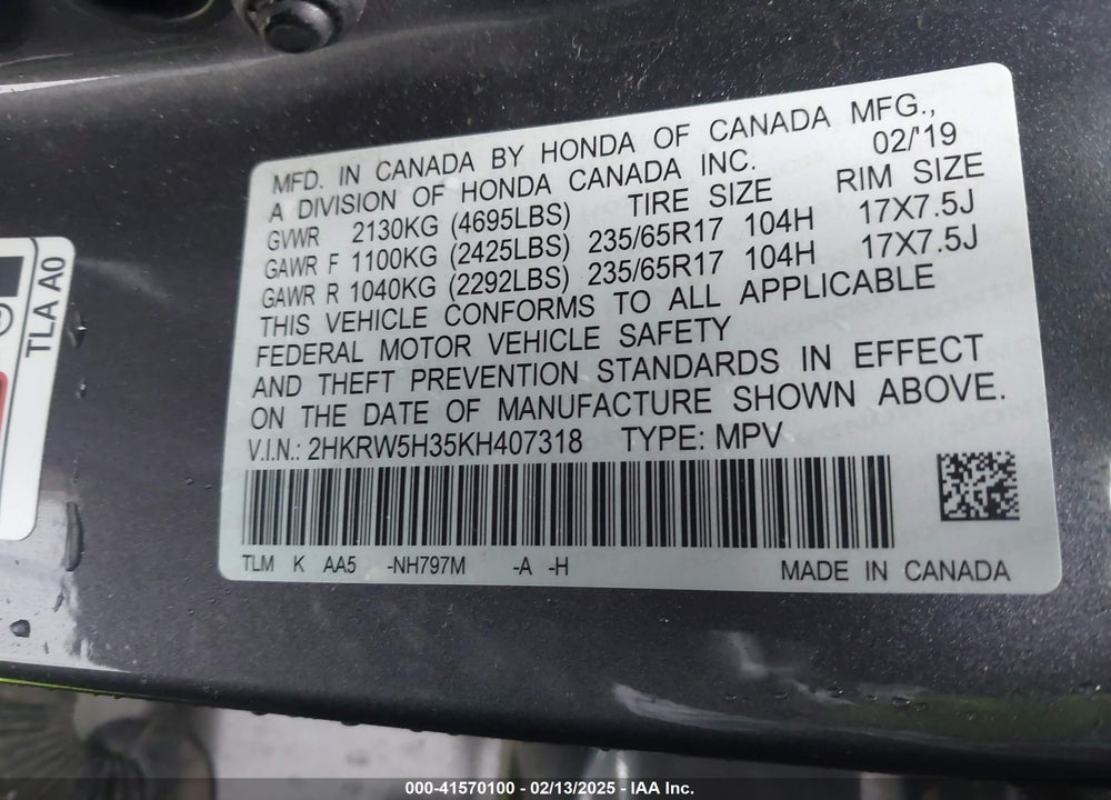 2019 HONDA CR-V LX VIN: 2HKRW5H35KH407318