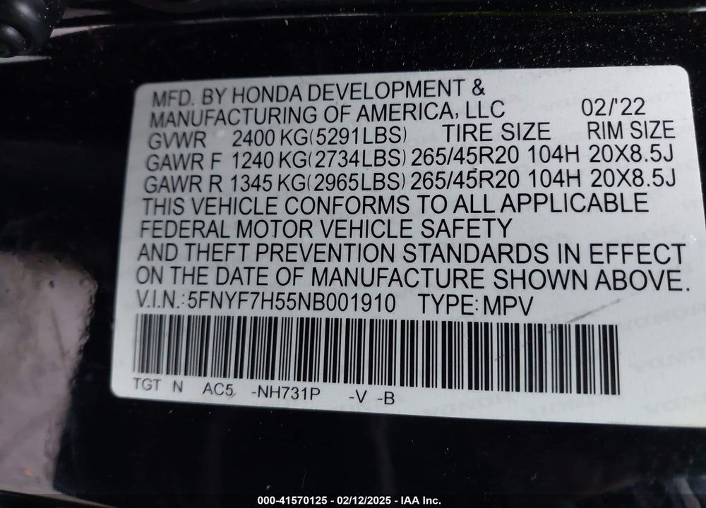 2022 HONDA PASSPORT VIN: 5FNYF7H55NB001910