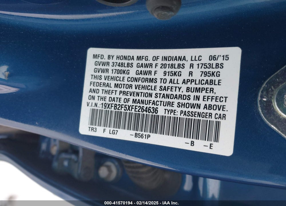 2015 HONDA CIVIC VIN: 19XFB2F5XFE264636