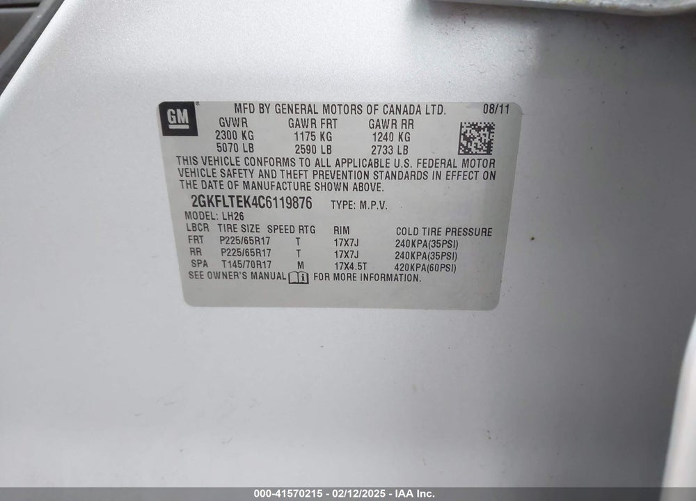 2012 GMC TERRAIN SLE-2 VIN: 2GKFLTEK4C6119876