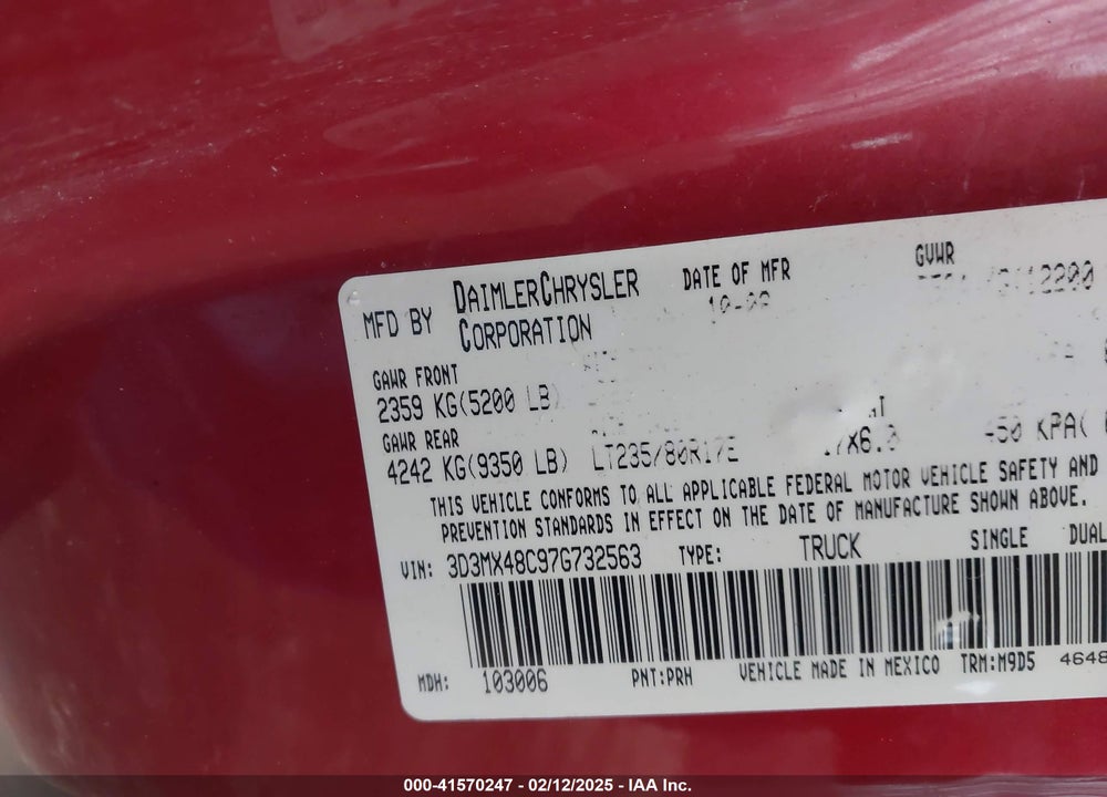 2007 DODGE RAM 3500 SLT/SPORT VIN: 3D3MX48C97G732563