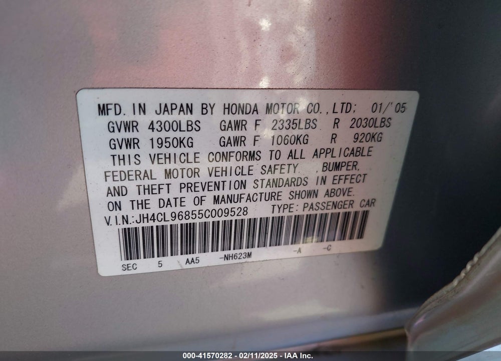 2005 ACURA TSX VIN: JH4CL96855C009528