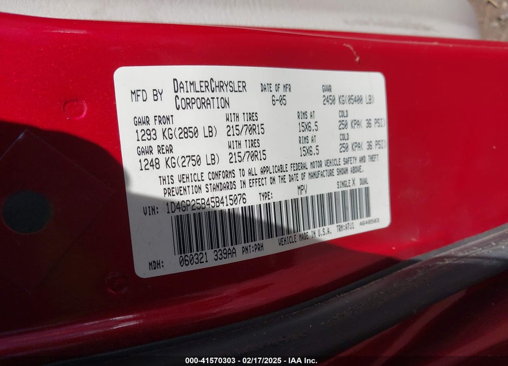 2005 DODGE CARAVAN SE VIN: 1D4GP25B45B415076