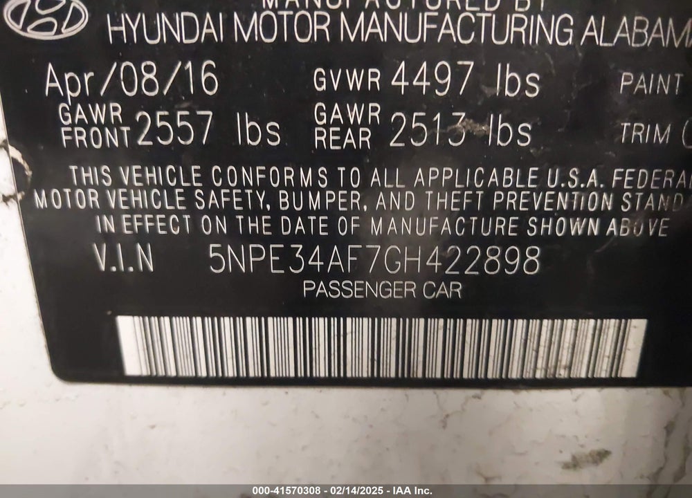 2016 HYUNDAI SONATA VIN: 5NPE34AF7GH422898
