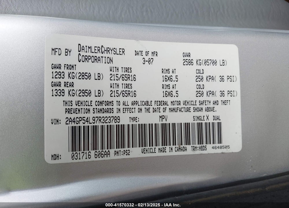 2007 CHRYSLER TOWN & COUNTRY VIN: 2A4GP54L97R323789
