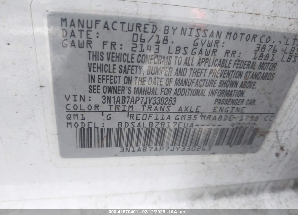 2018 NISSAN SENTRA VIN: 3N1AB7AP7JY330263
