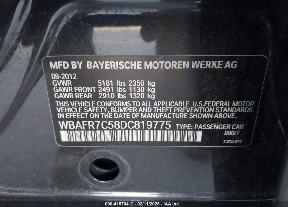 2013 BMW 535I VIN: WBAFR7C58DC819775