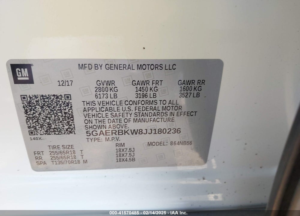 2018 BUICK ENCLAVE ESSENCE VIN: 5GAERBKW8JJ180236