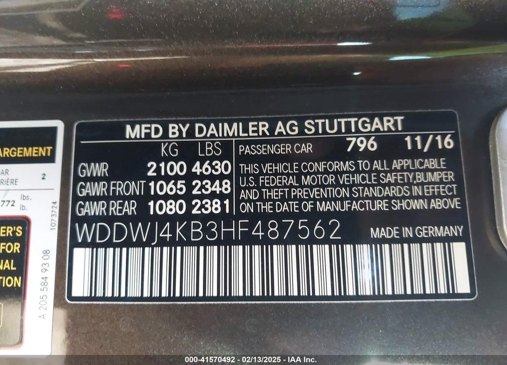 2017 MERCEDES-BENZ C VIN: WDDWJ4KB3HF487562