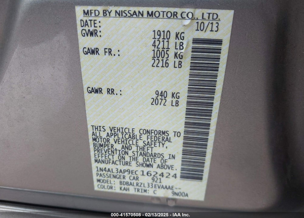 2014 NISSAN ALTIMA VIN: 1N4AL3AP9EC162424