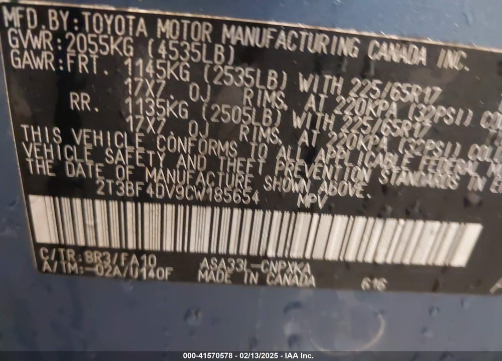 2012 TOYOTA RAV4 VIN: 2T3BF4DV9CW185654