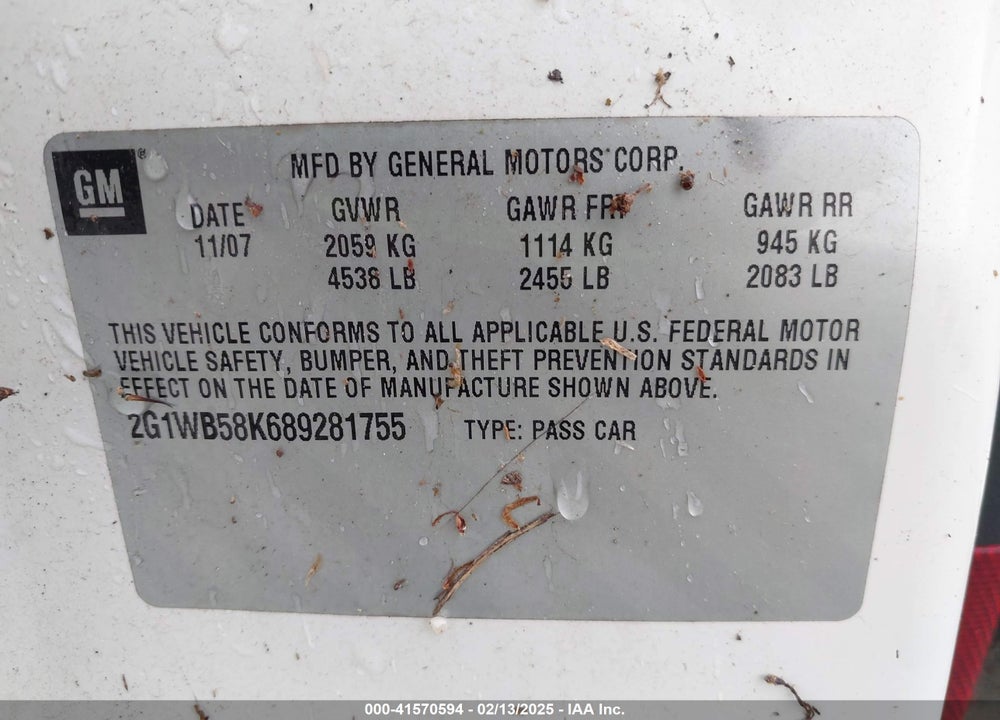 2008 CHEVROLET IMPALA VIN: 2G1WB58K689281755