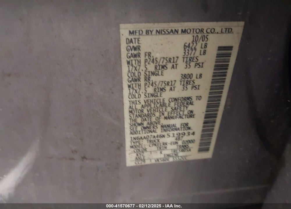 2006 NISSAN TITAN XE VIN: 1N6AA07A46N519934
