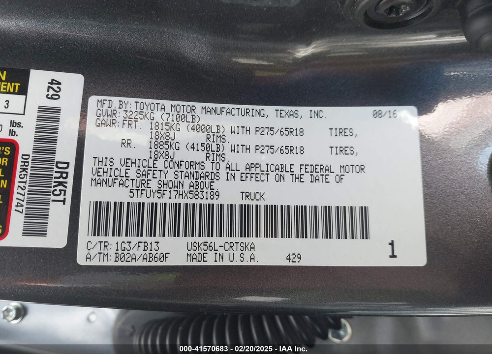 2017 TOYOTA TUNDRA SR5 5.7L V8 VIN: 5TFUY5F17HX583189