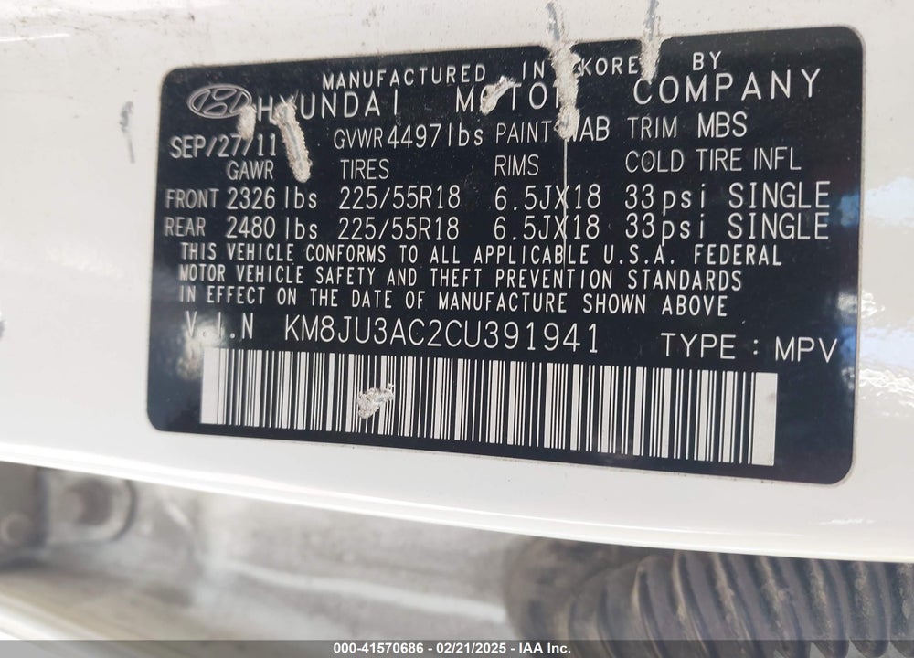 2012 HYUNDAI TUCSON LIMITED VIN: KM8JU3AC2CU391941