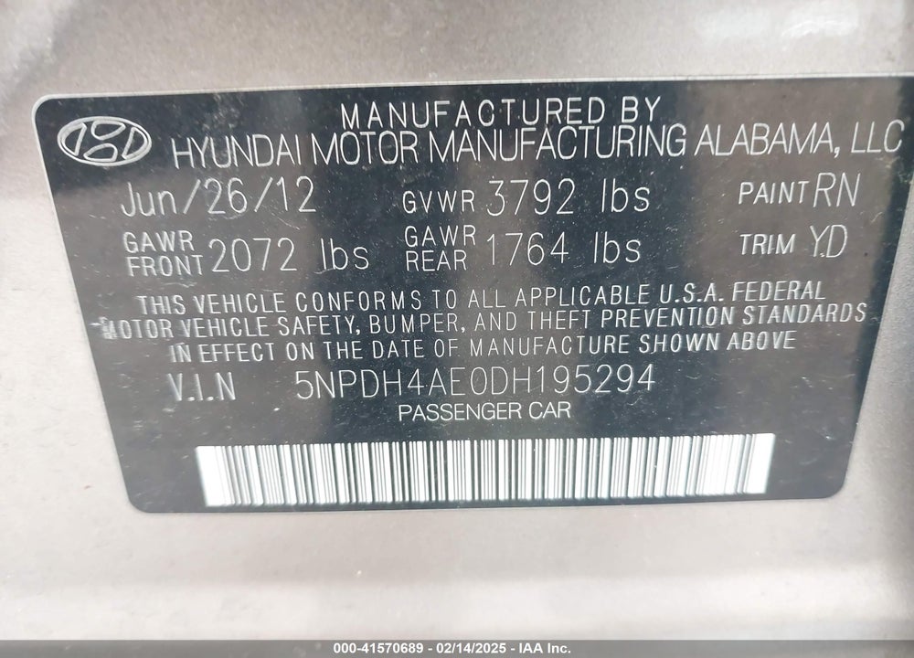 2013 HYUNDAI ELANTRA VIN: 5NPDH4AE0DH195294