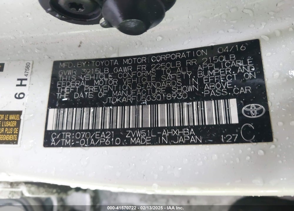 2016 TOYOTA PRIUS VIN: JTDKARFU5G3018930