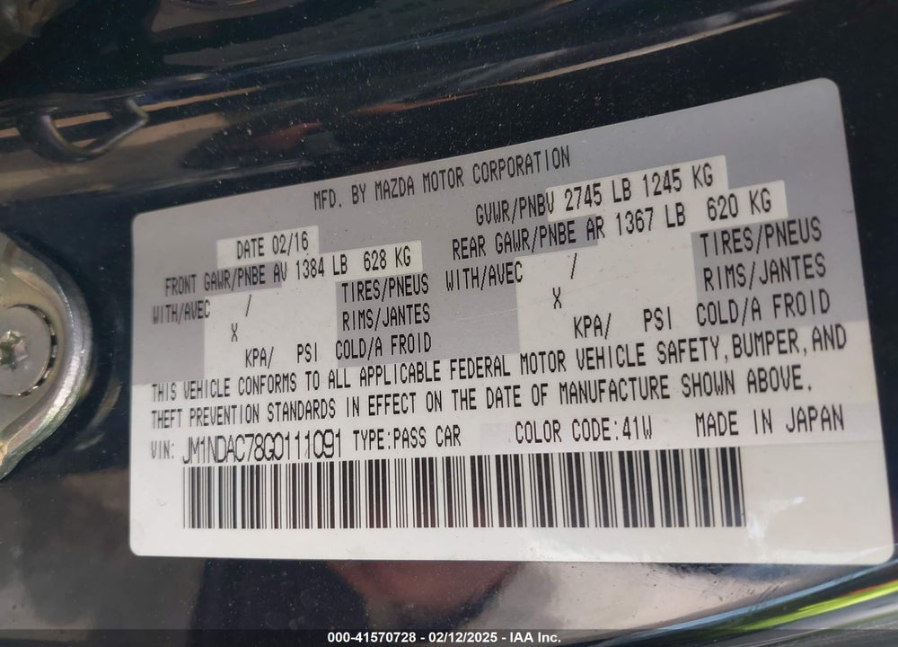 2016 MAZDA MX-5 MIATA VIN: JM1NDAC78G0111091