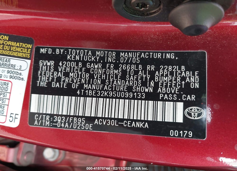 2005 TOYOTA CAMRY LE VIN: 4T1BE32K95U099133