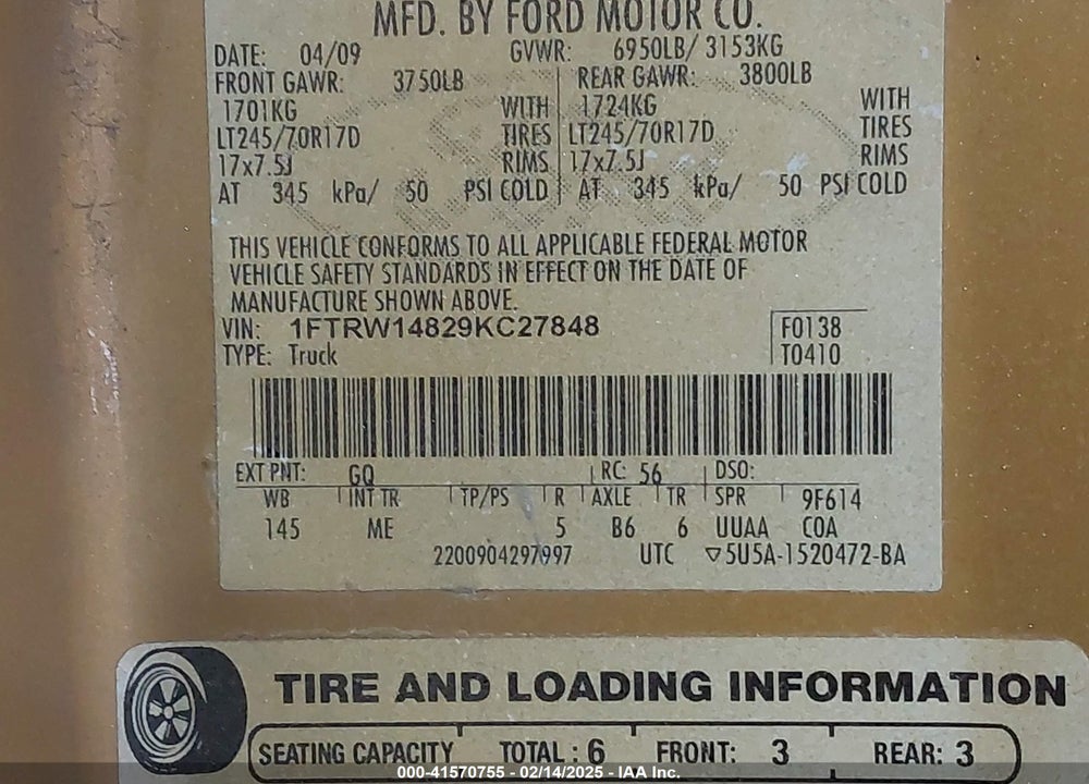 2009 FORD F-150 XL/XLT VIN: 1FTRW14829KC27848