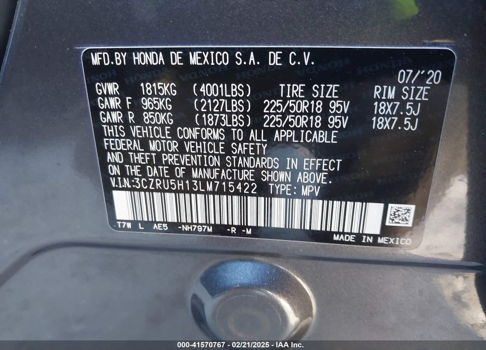 2020 HONDA HR-V 2WD SPORT VIN: 3CZRU5H13LM715422