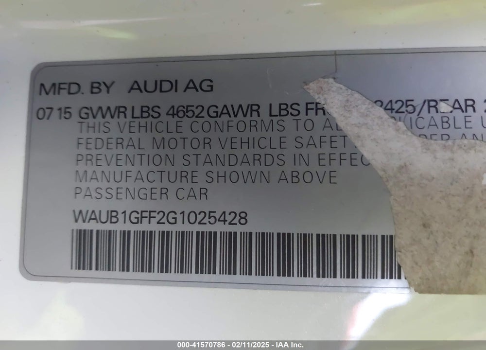 2016 AUDI S3 VIN: WAUB1GFF2G1025428