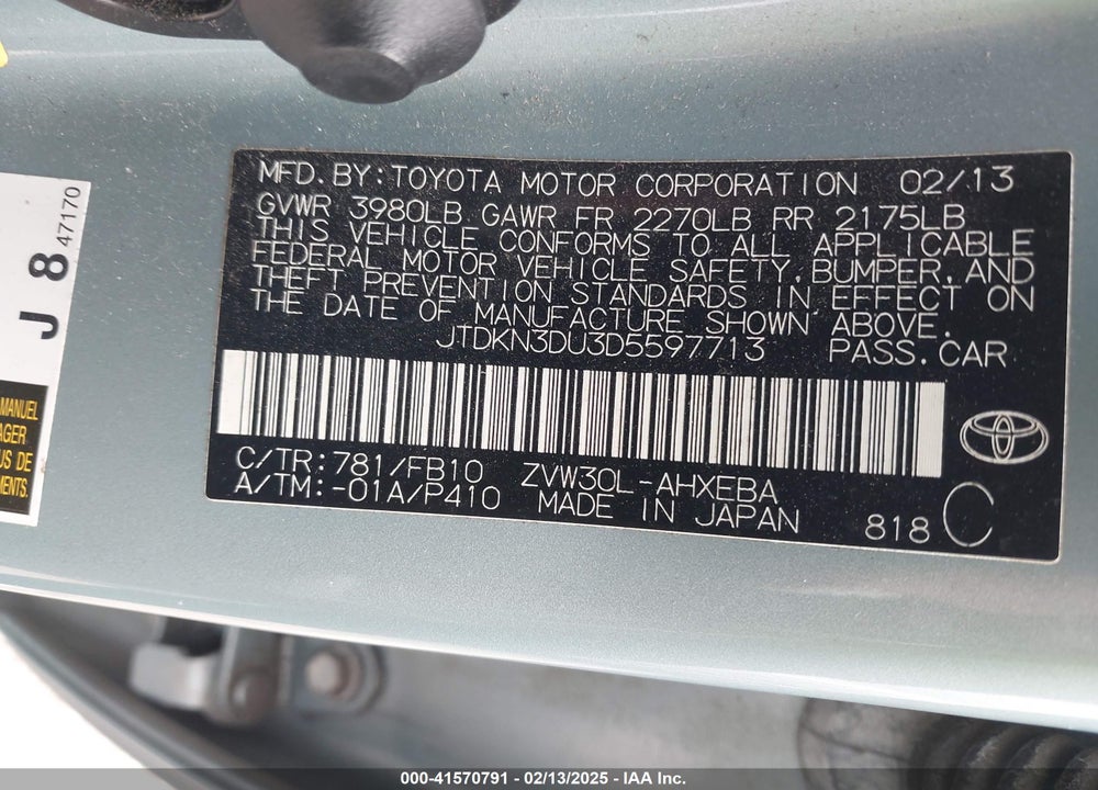 2013 TOYOTA PRIUS VIN: JTDKN3DU3D5597713