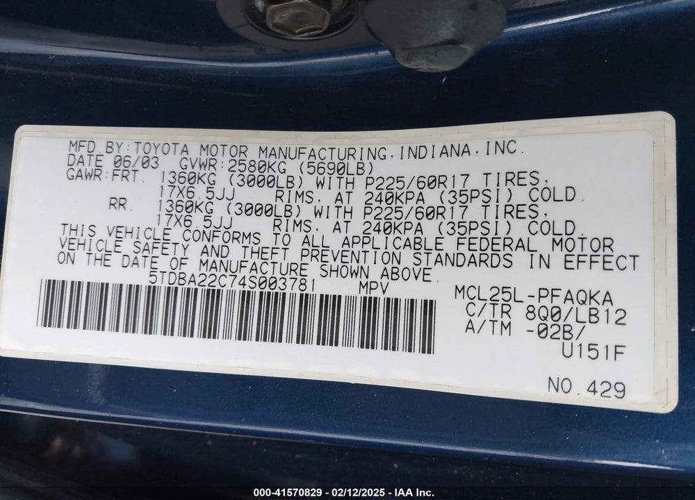 2004 TOYOTA SIENNA VIN: 5TDBA22C74S003781