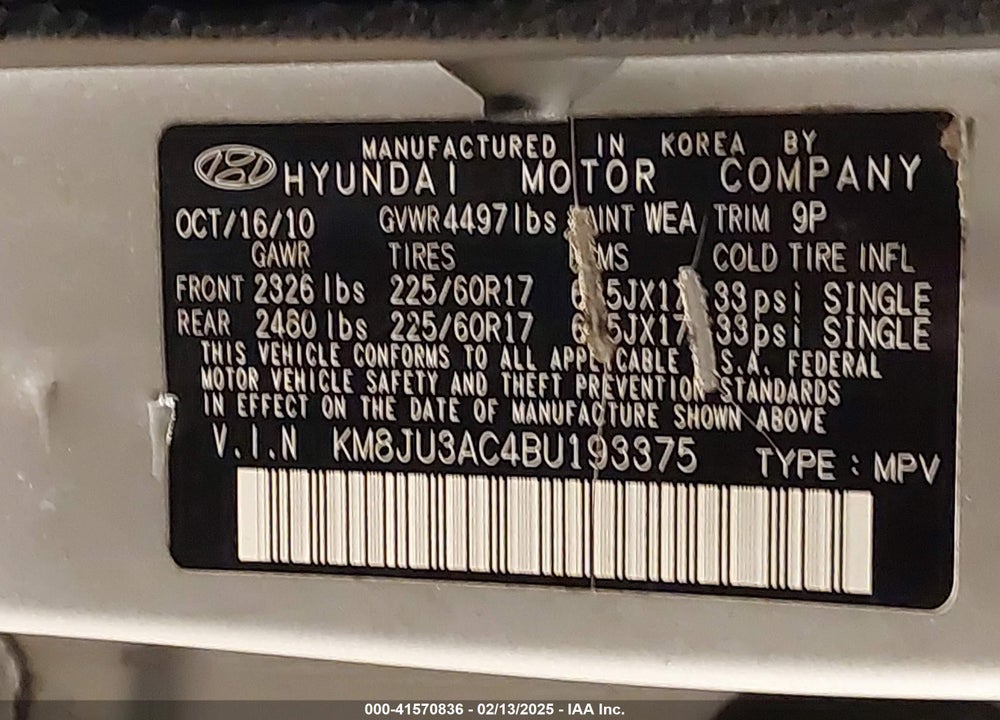 2011 HYUNDAI TUCSON GLS VIN: KM8JU3AC4BU193375