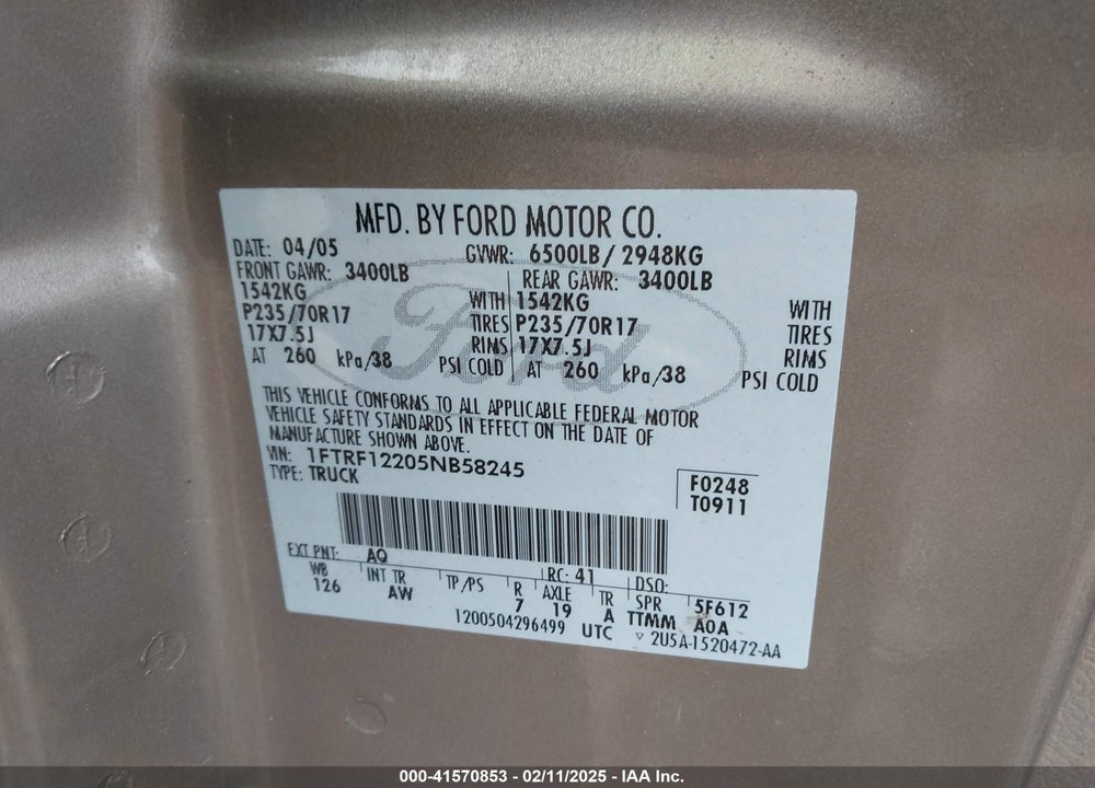 2005 FORD F-150 STX/XL/XLT VIN: 1FTRF12205NB58245