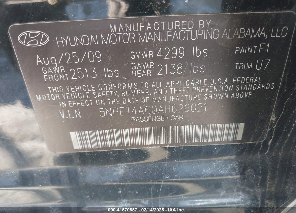 2010 HYUNDAI SONATA GLS VIN: 5NPET4AC0AH626021