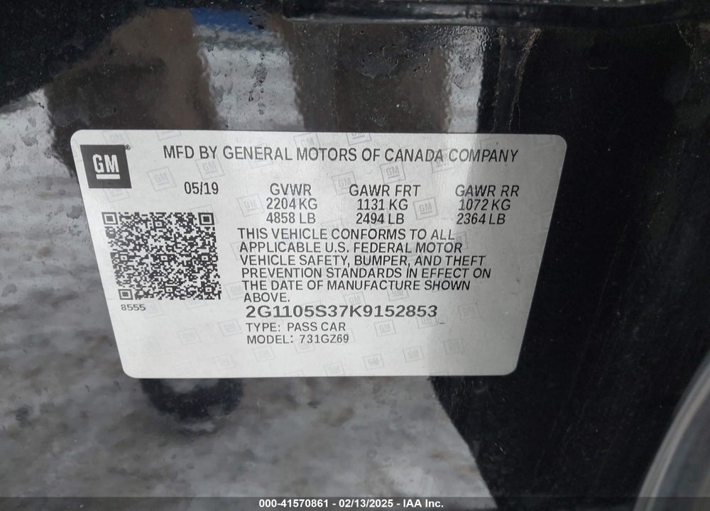 2019 CHEVROLET IMPALA VIN: 2G1105S37K9152853