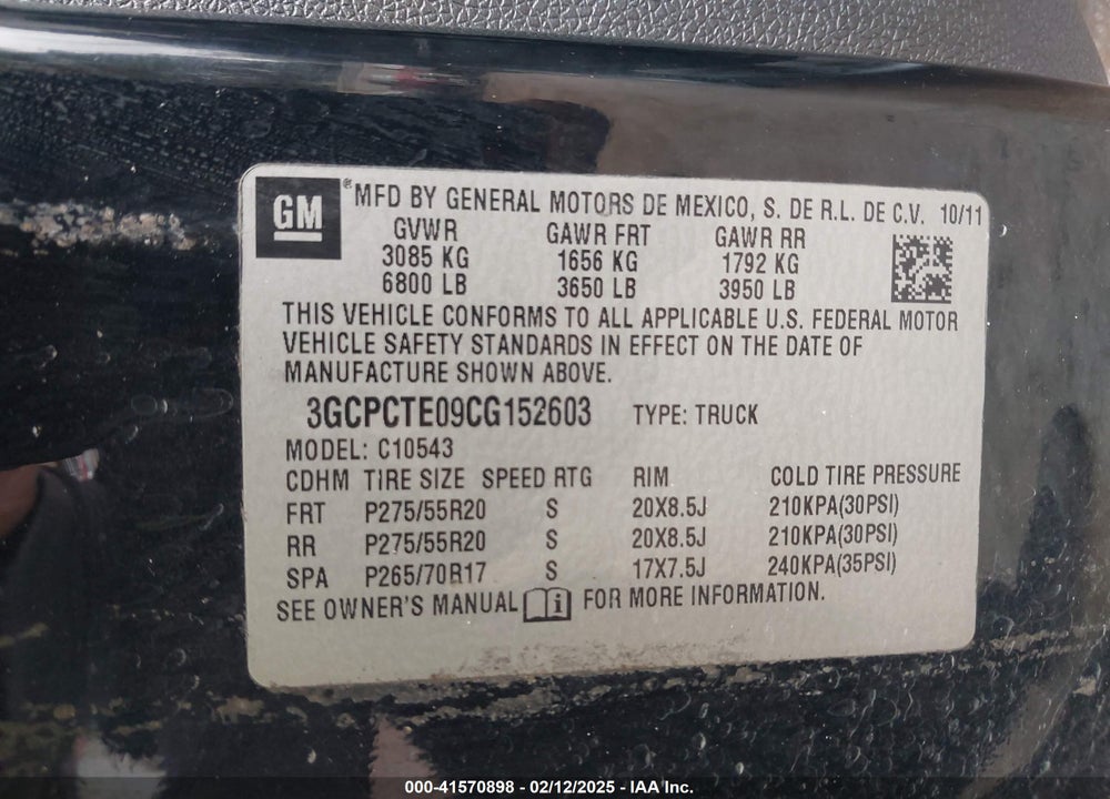 2012 CHEVROLET SILVERADO 1500 VIN: 3GCPCTE09CG152603
