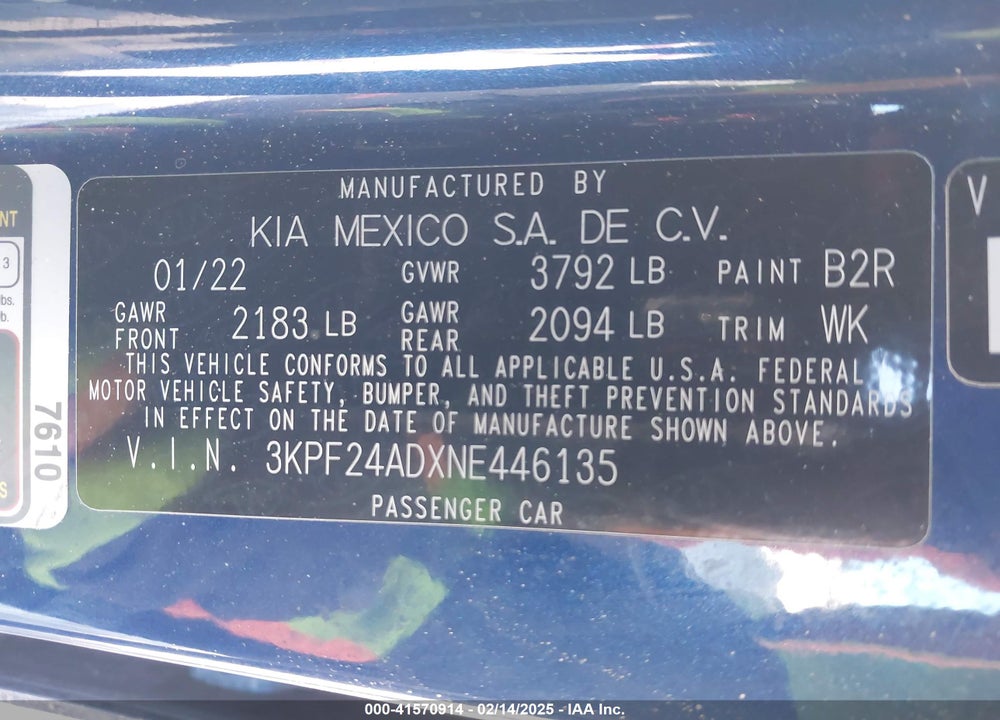 2022 KIA FORTE VIN: 3KPF24ADXNE446135