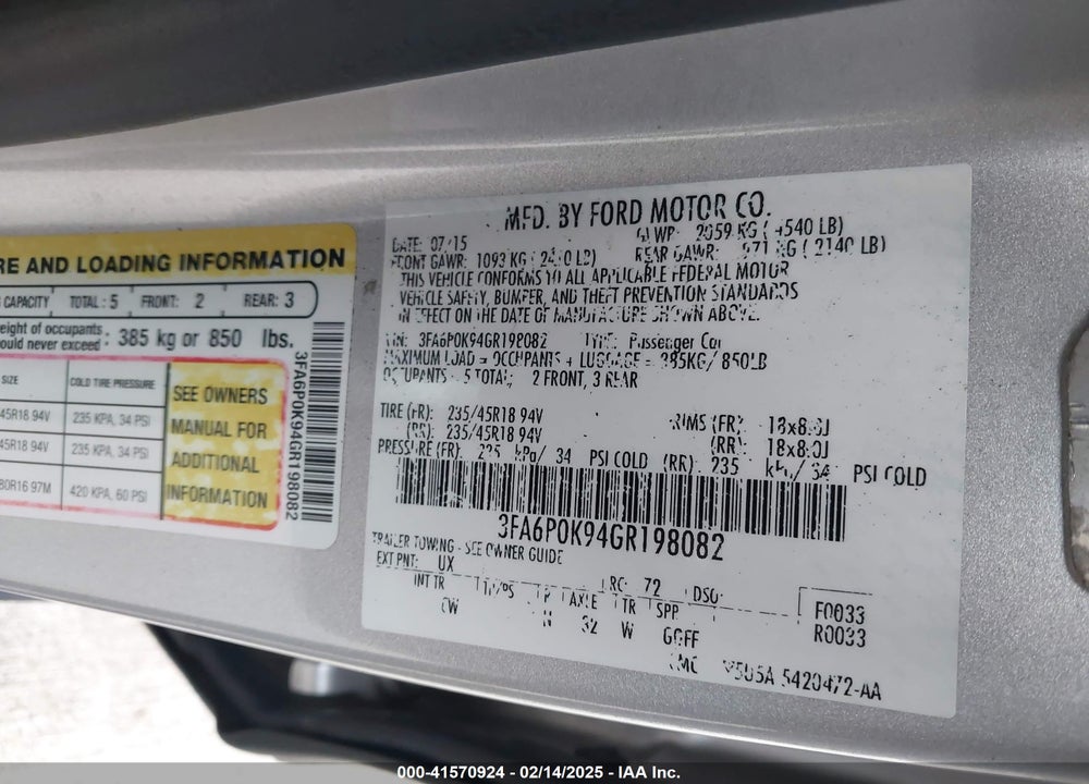 2016 FORD FUSION VIN: 3FA6P0K94GR198082