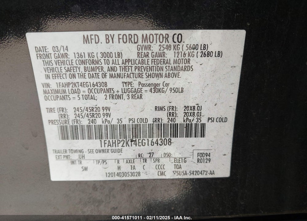 2014 FORD TAURUS VIN: 1FAHP2KT4EG164308