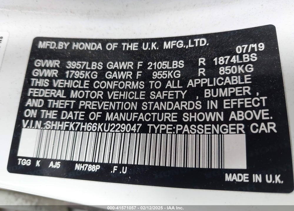 2019 HONDA CIVIC VIN: SHHFK7H66KU229047
