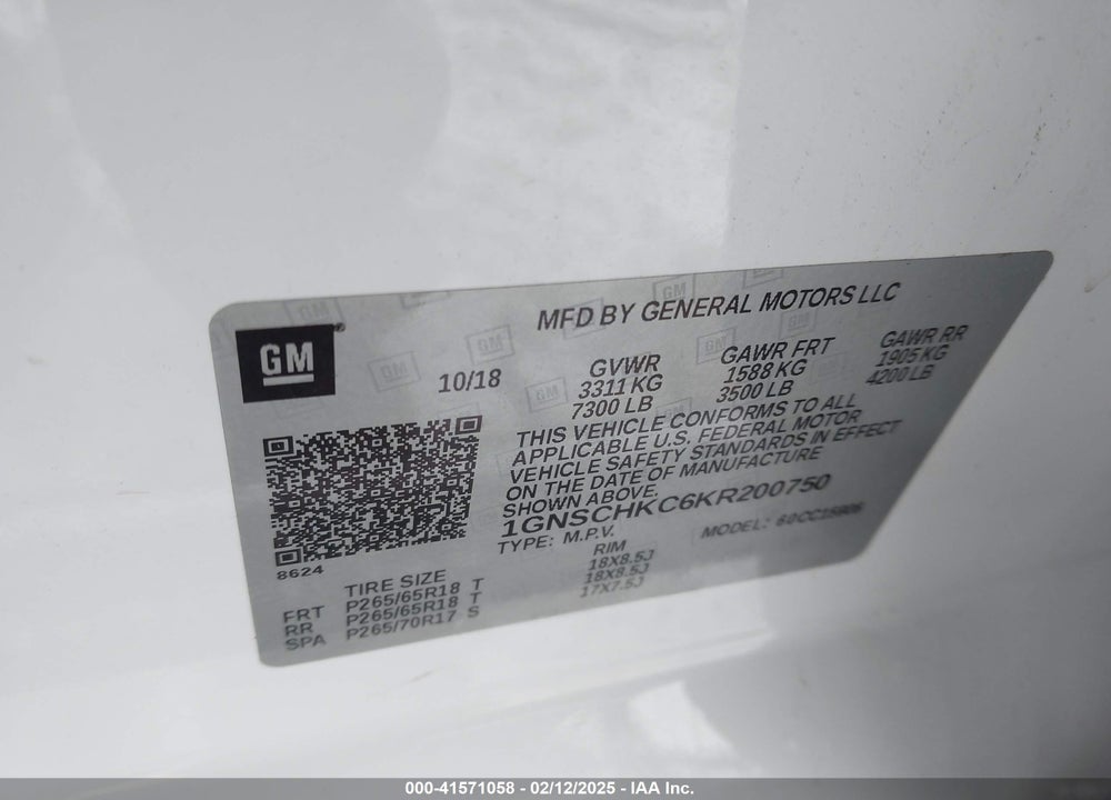 2019 CHEVROLET SUBURBAN LT VIN: 1GNSCHKC6KR200750