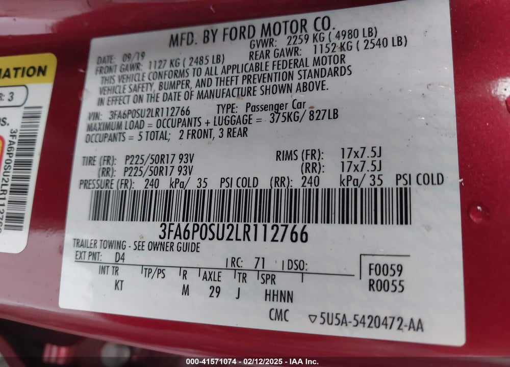 2020 FORD FUSION VIN: 3FA6P0SU2LR112766