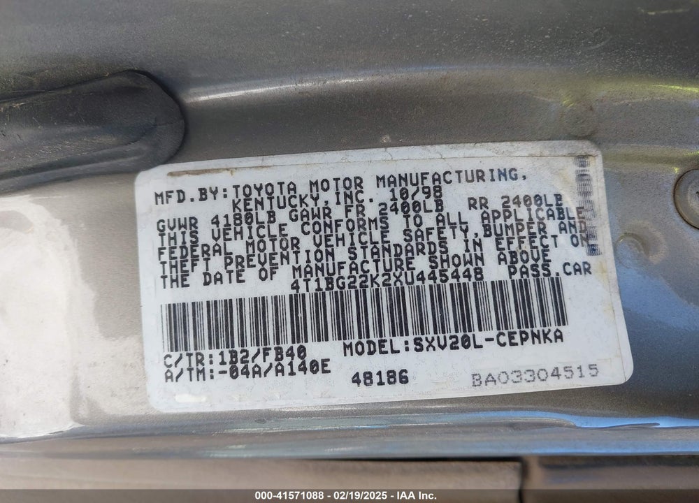 1999 TOYOTA CAMRY LE VIN: 4T1BG22K2XU445448