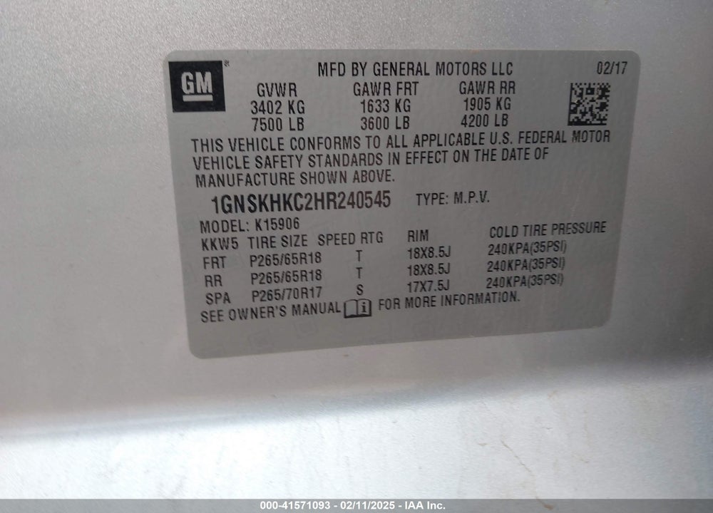 2017 CHEVROLET SUBURBAN LT VIN: 1GNSKHKC2HR240545
