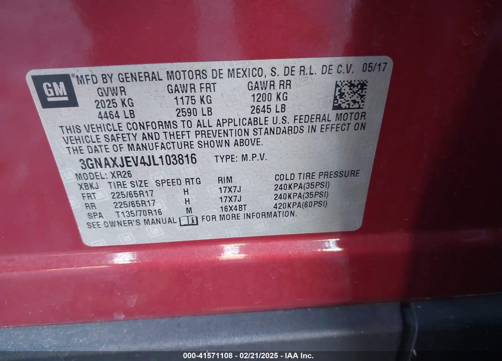 2018 CHEVROLET EQUINOX LT VIN: 3GNAXJEV4JL103816