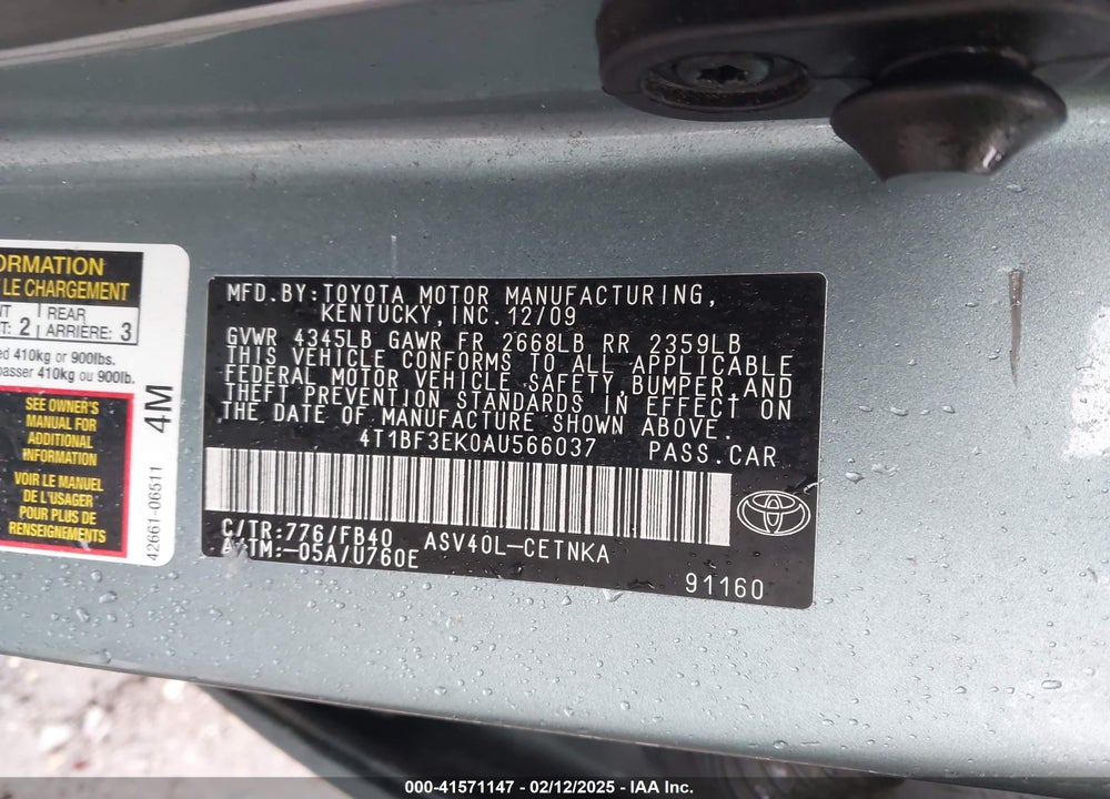 2010 TOYOTA CAMRY LE VIN: 4T1BF3EK0AU566037