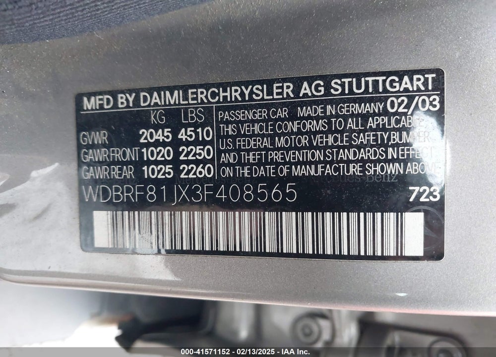 2003 MERCEDES-BENZ C 240 VIN: WDBRF81JX3F408565