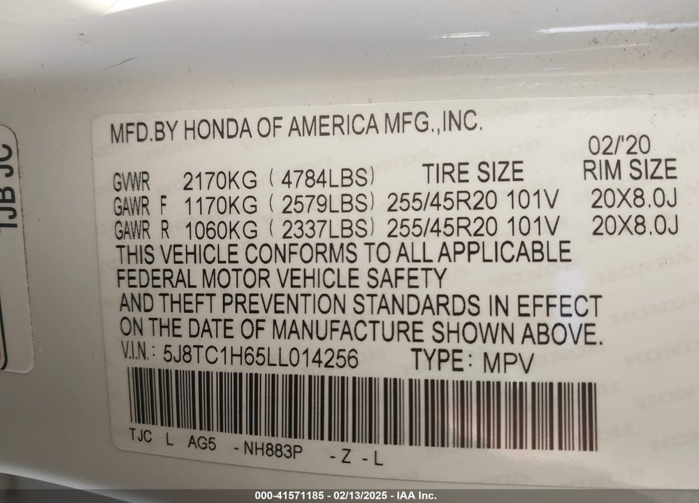 2020 ACURA RDX A-SPEC PACKAGE VIN: 5J8TC1H65LL014256